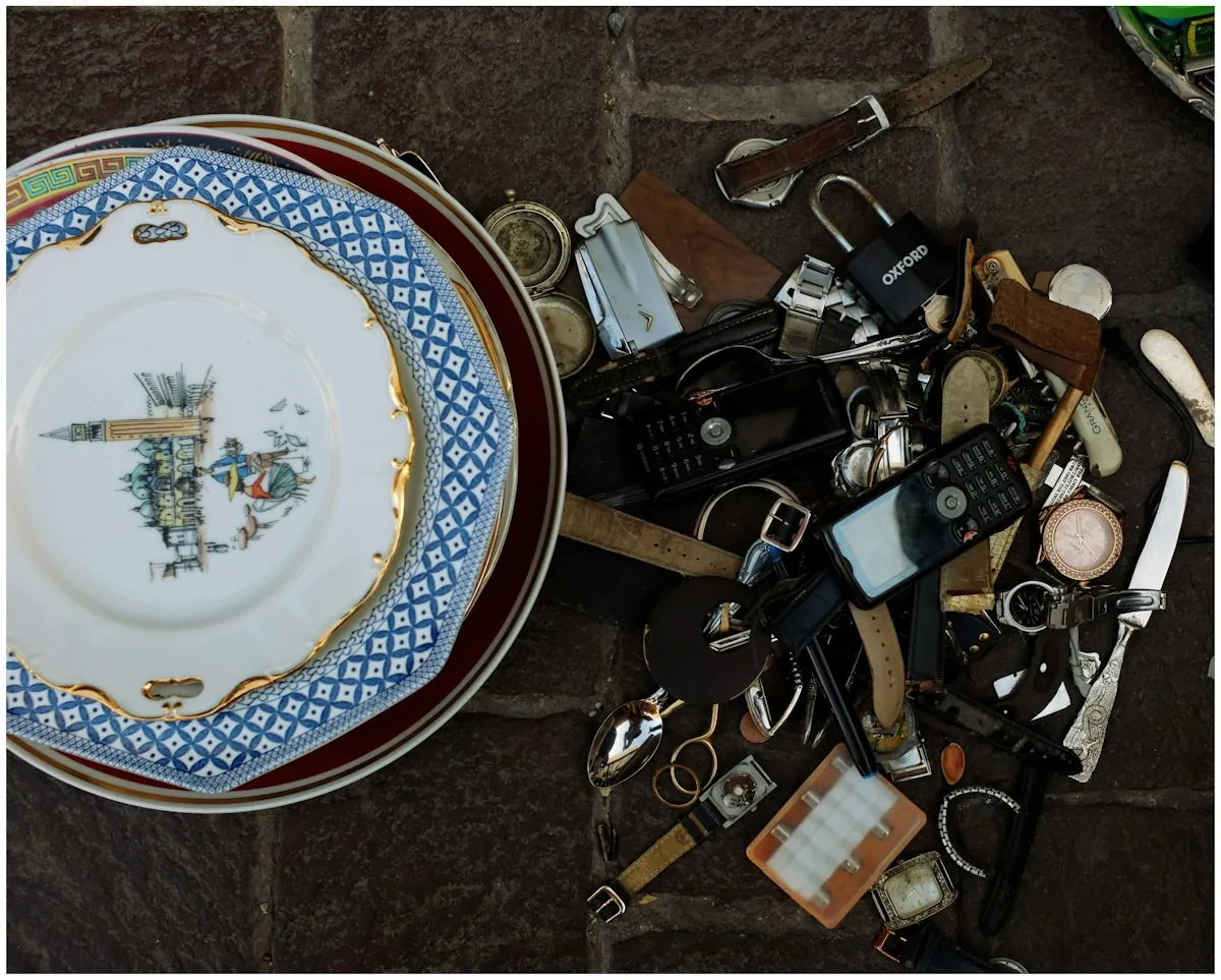 Alte bemalte Teller und ein Haufen Schlüssel auf einem Flohmarkttisch