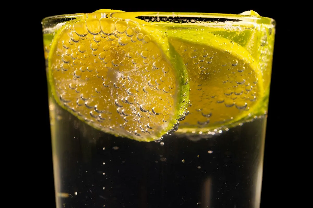 Ein Glas Sprudelwasser mit Zitronenscheiben, Nahaufnahme der Bläschen